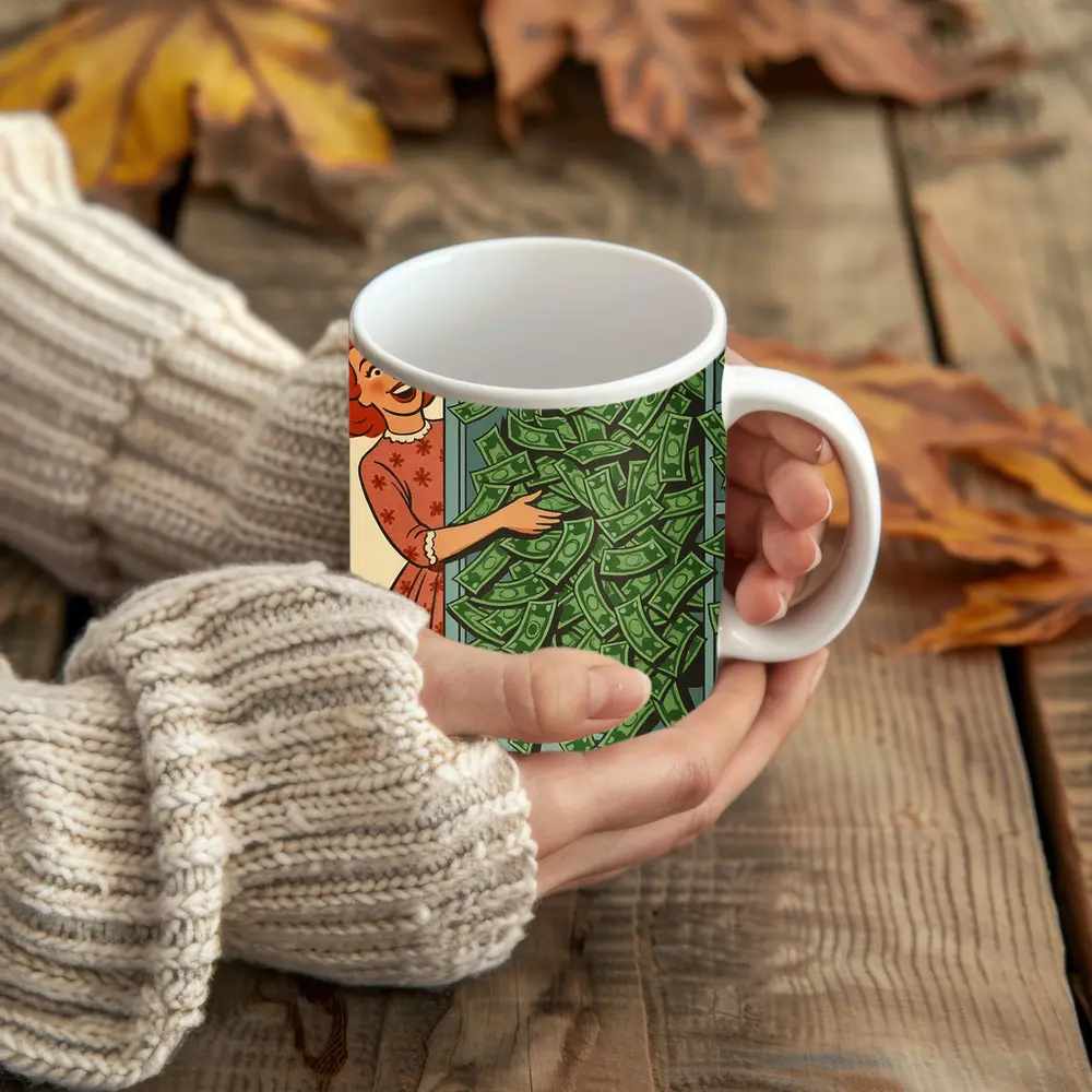 Retro Woman Laughing With Overflowing Money Safe – Mugs