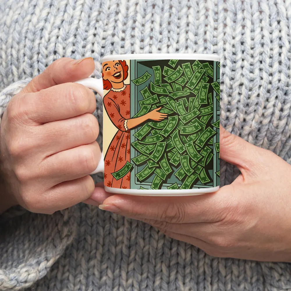 Retro Woman Laughing With Overflowing Money Safe – Mugs