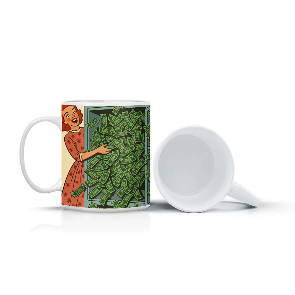 Retro Woman Laughing With Overflowing Money Safe – Mugs