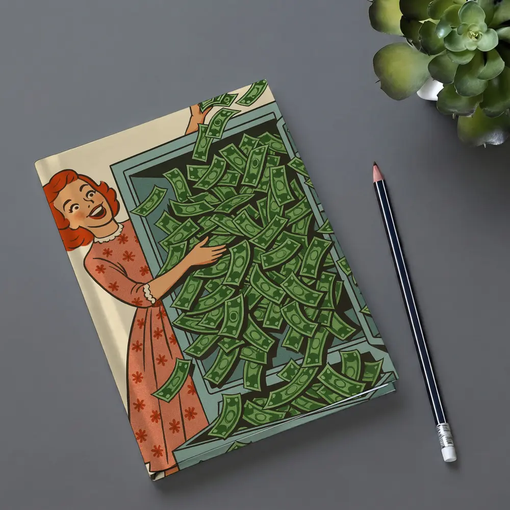 Retro Woman Laughing With Overflowing Money Safe – Notebooks