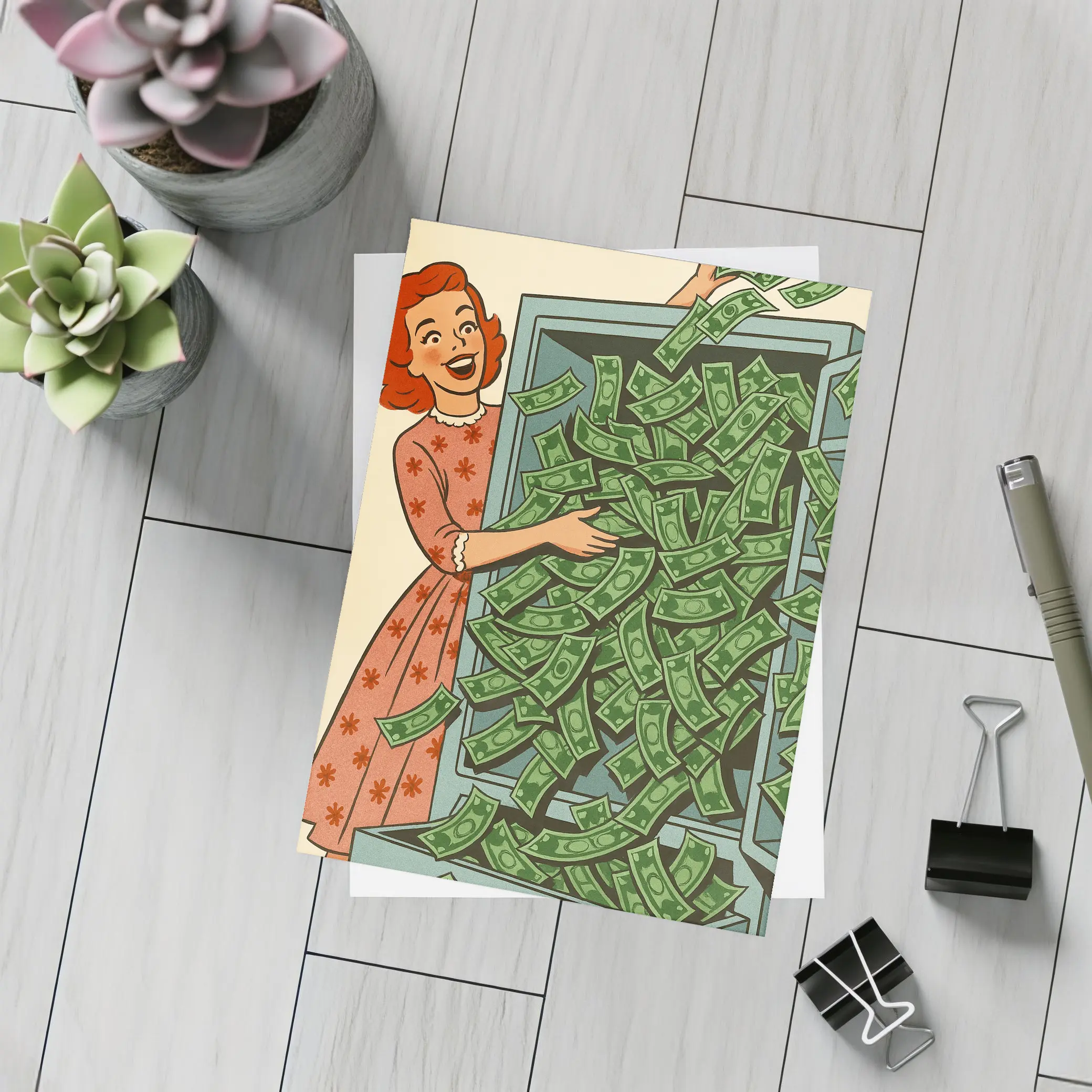 Retro Woman Laughing With Overflowing Money Safe – Postcards
