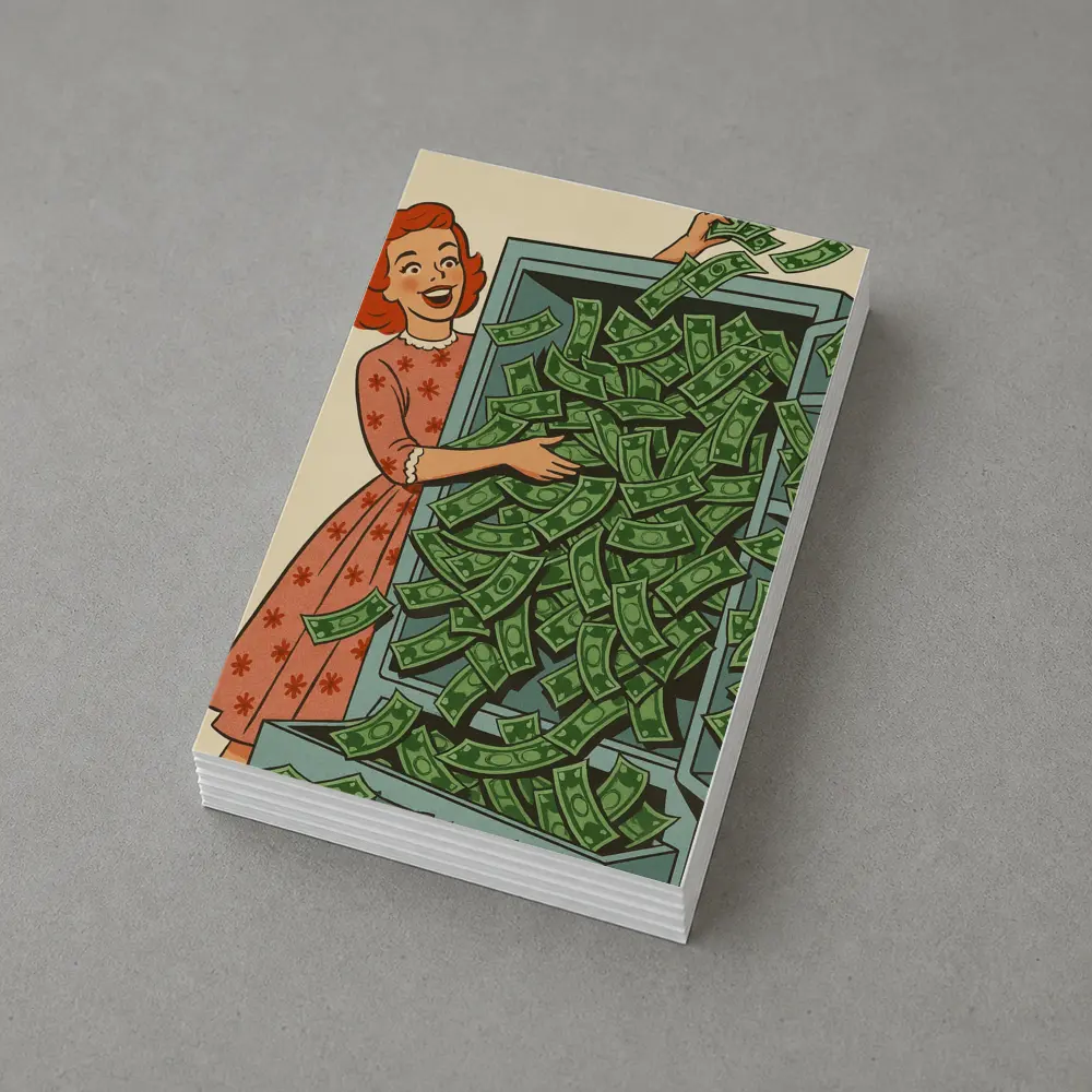 Retro Woman Laughing With Overflowing Money Safe – Postcards