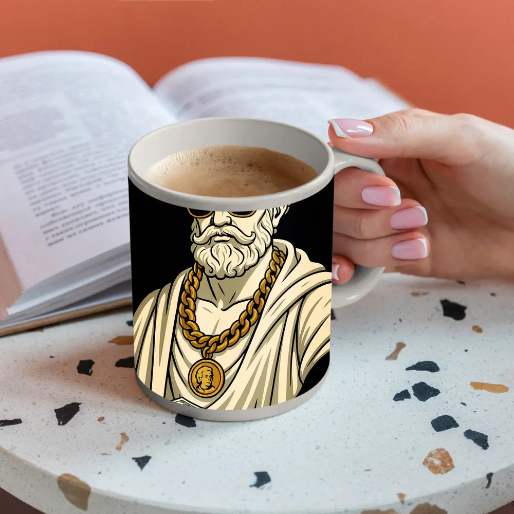 Greek Philosopher Bust Gold Chain Black Background – Mugs