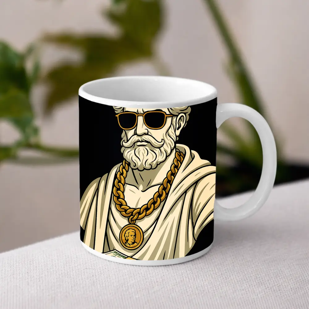 Greek Philosopher Bust Gold Chain Black Background – Mugs