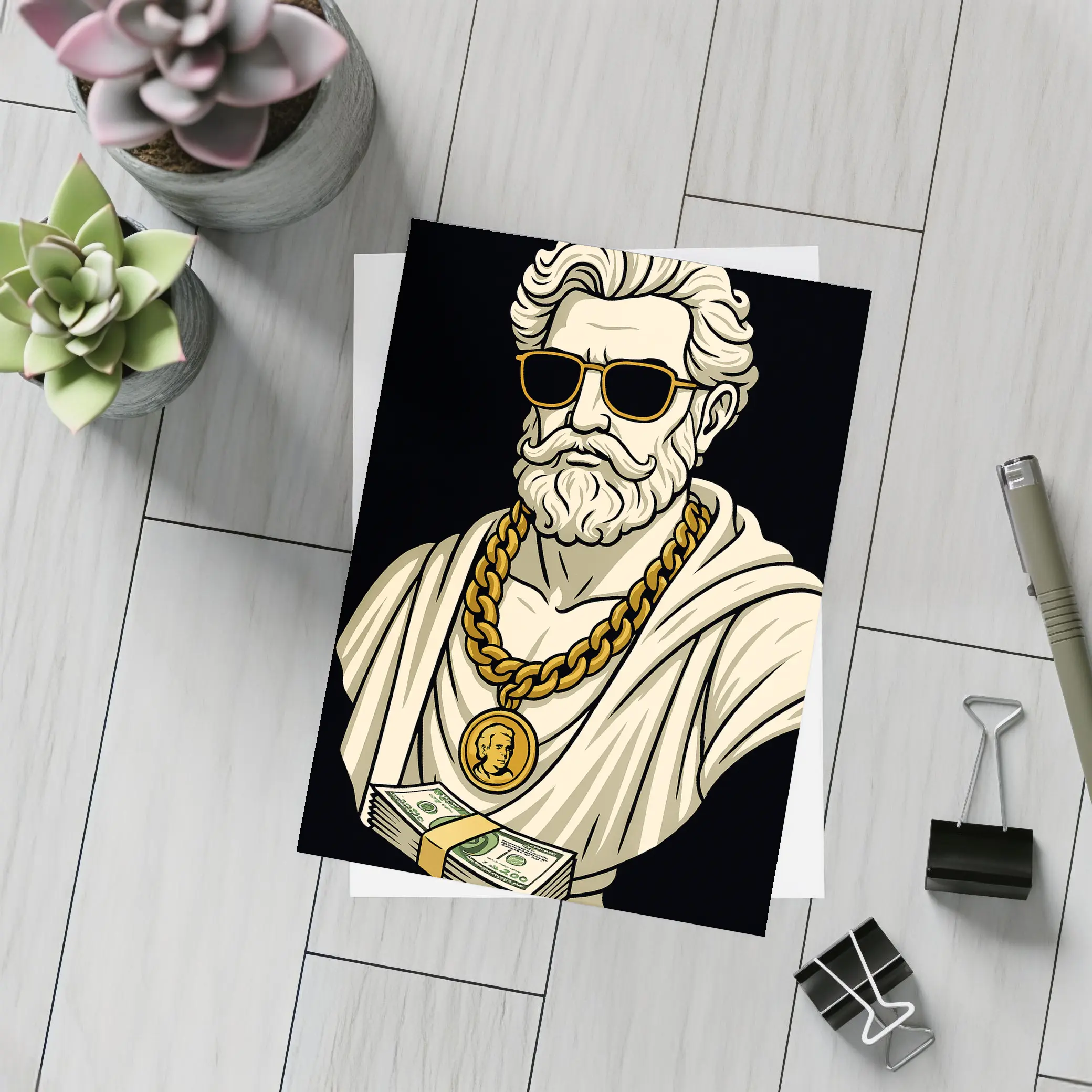 Greek Philosopher Bust Gold Chain Black Background – Postcards