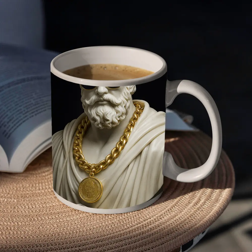 Greek Marble Bust Gold Chain Black Background – Mugs
