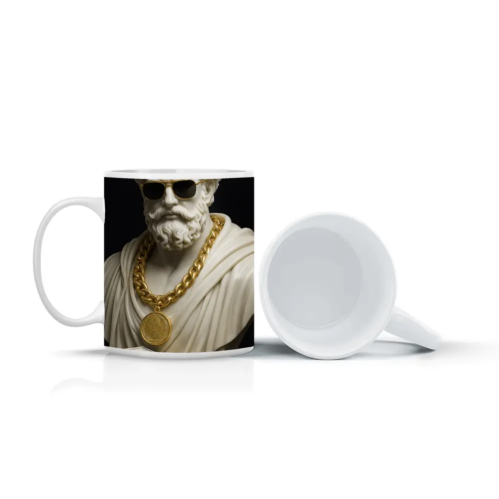 Greek Marble Bust Gold Chain Black Background – Mugs