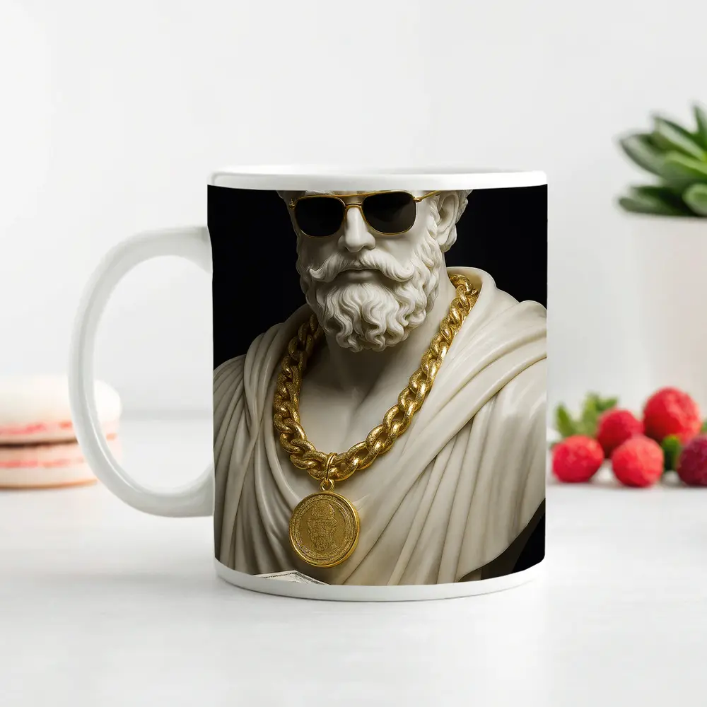 Greek Marble Bust Gold Chain Black Background – Mugs