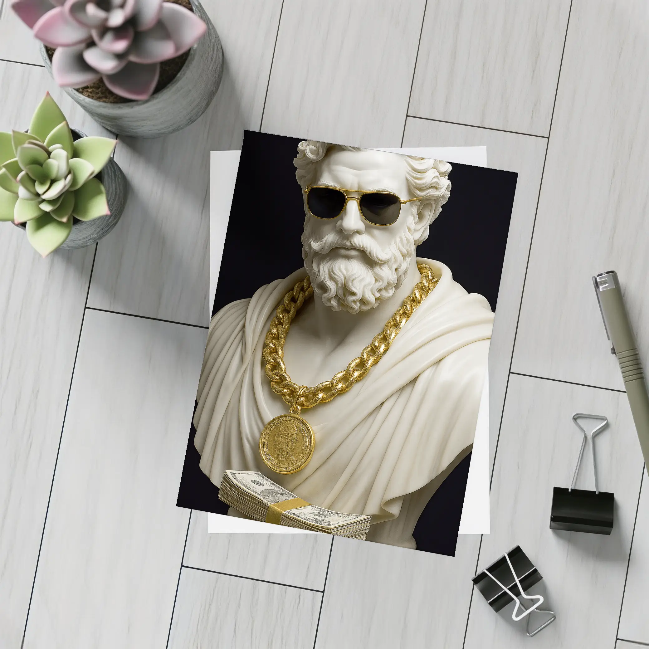Greek Marble Bust Gold Chain Black Background – Postcards