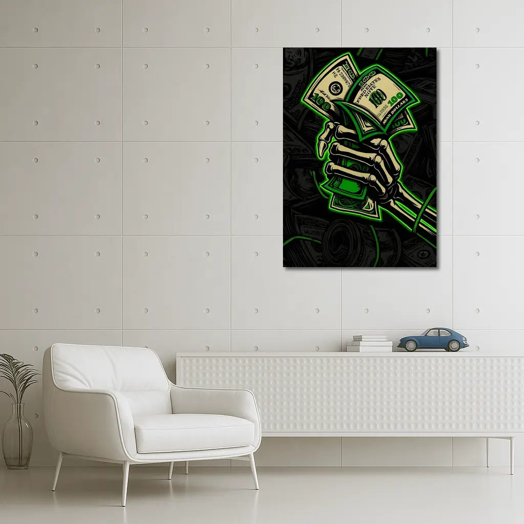 Skeleton Hand Holding Cash Money Dark – Wall Art