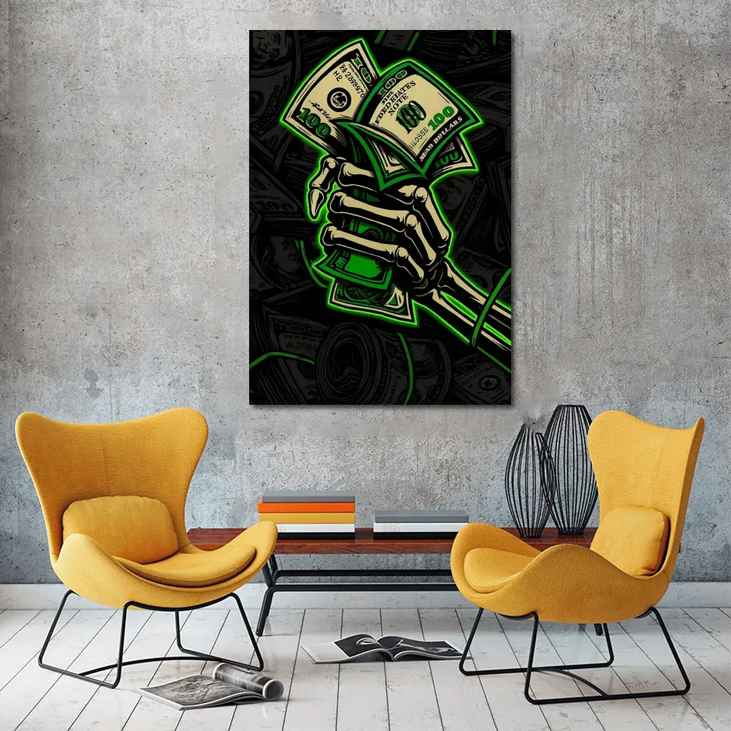 Skeleton Hand Holding Cash Money Dark – Wall Art