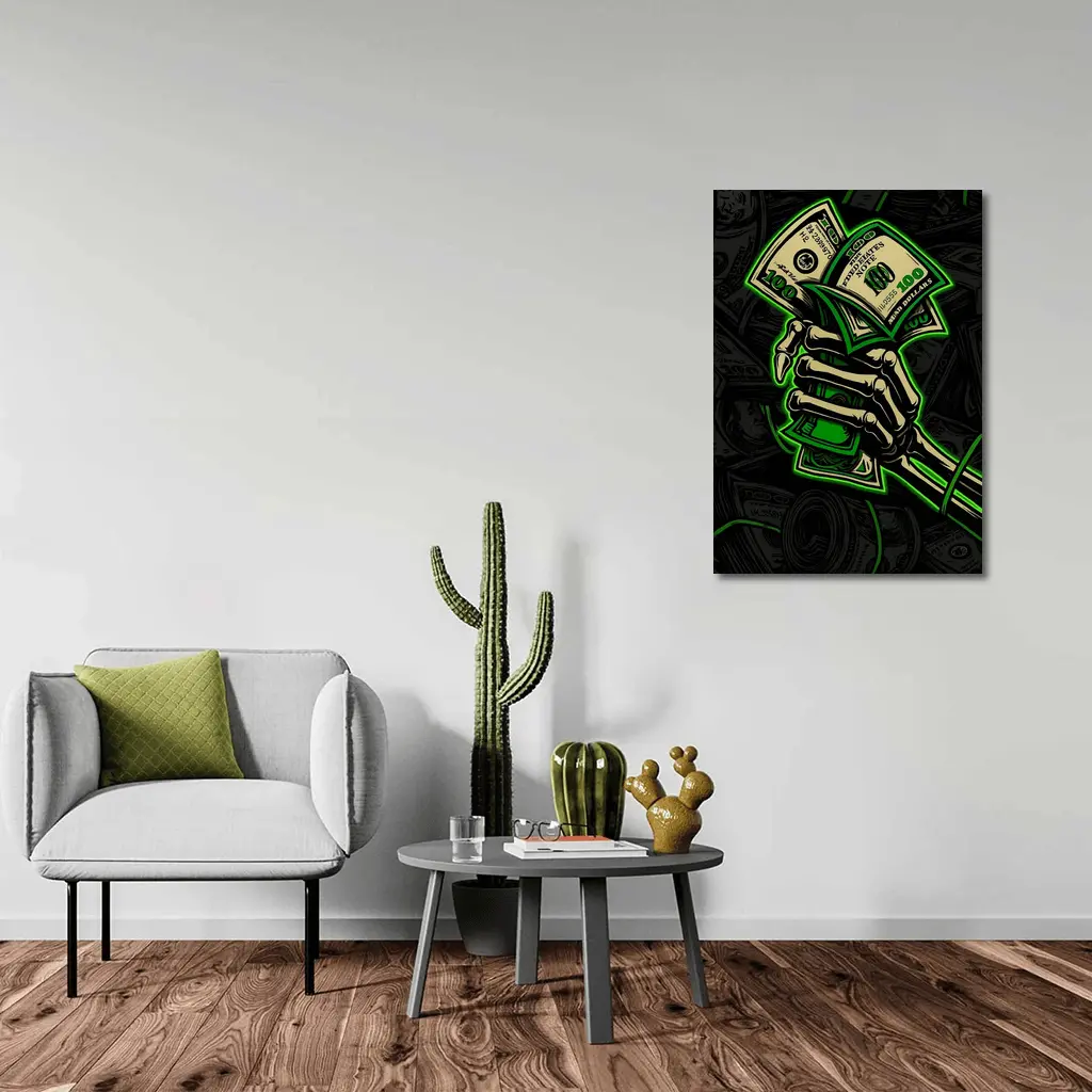 Skeleton Hand Holding Cash Money Dark – Wall Art