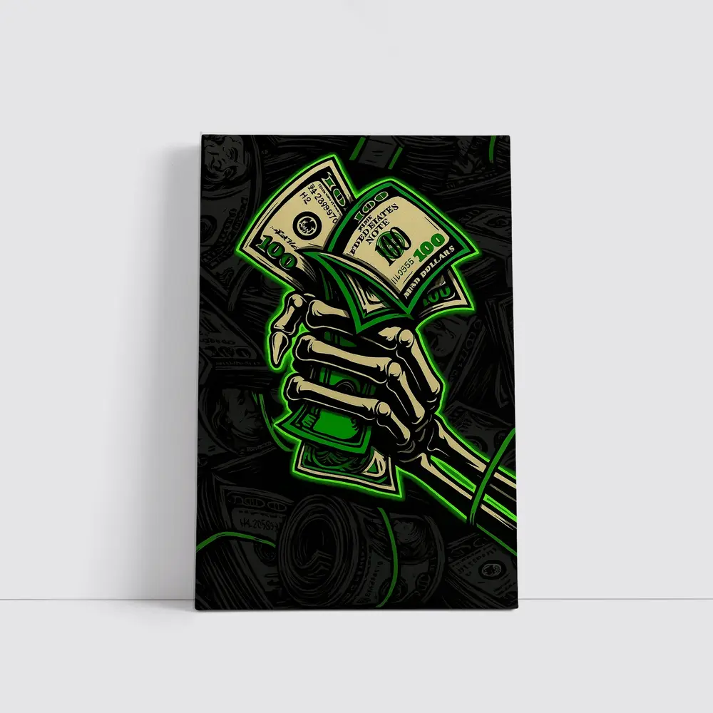Skeleton Hand Holding Cash Money Dark – Wall Art