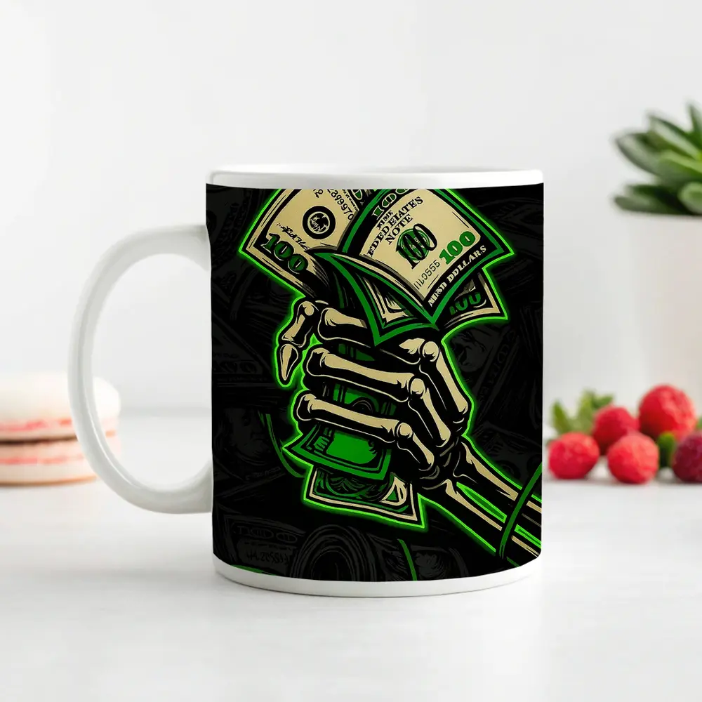 Skeleton Hand Holding Cash Money Dark – Mugs
