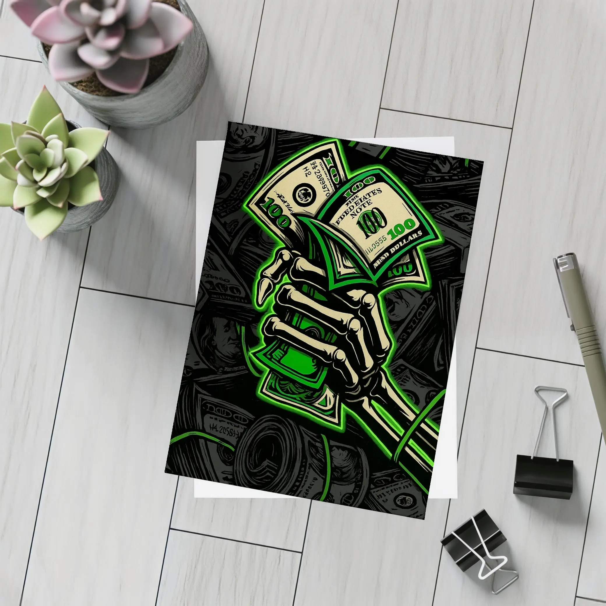 Skeleton Hand Holding Cash Money Dark – Postcards