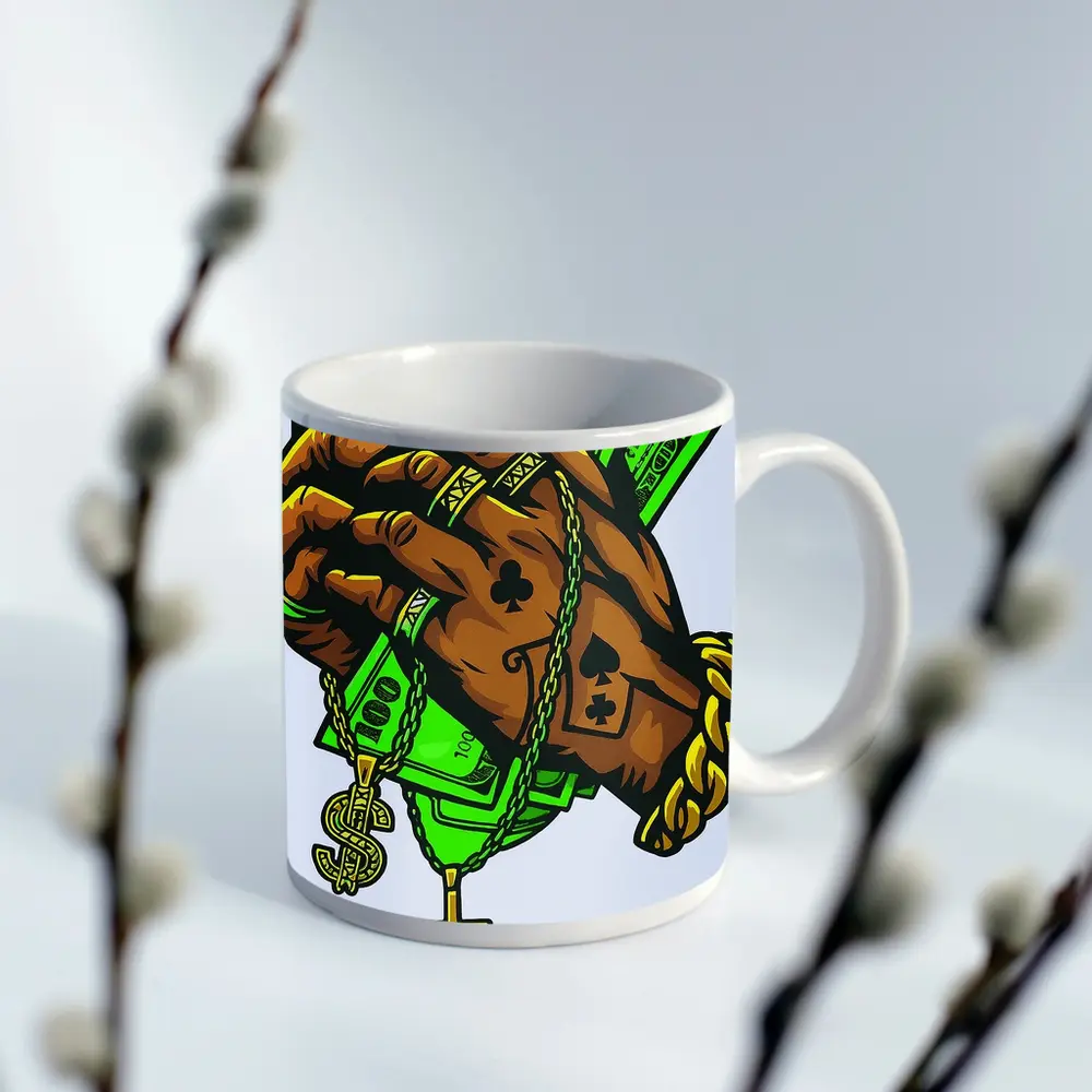 Gold Chain Hand Holding Cash Street Art – Mugs