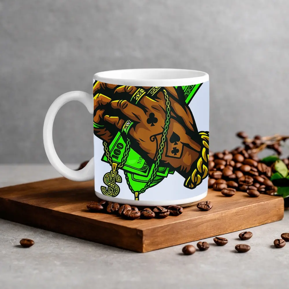 Gold Chain Hand Holding Cash Street Art – Mugs
