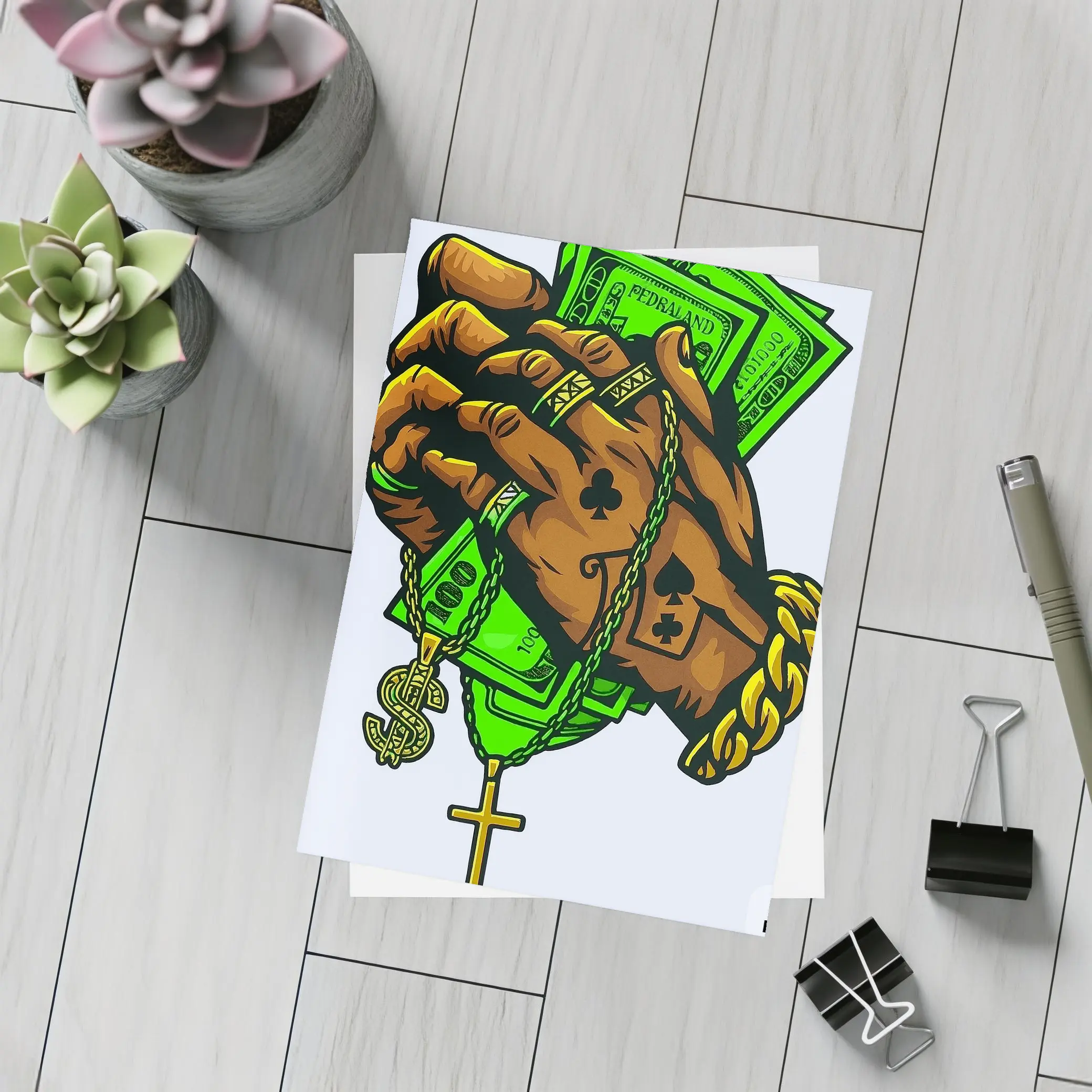 Gold Chain Hand Holding Cash Street Art – Postcards