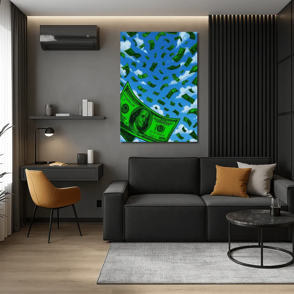 Hundred Dollar Bills Falling Blue Sky – Wall Art