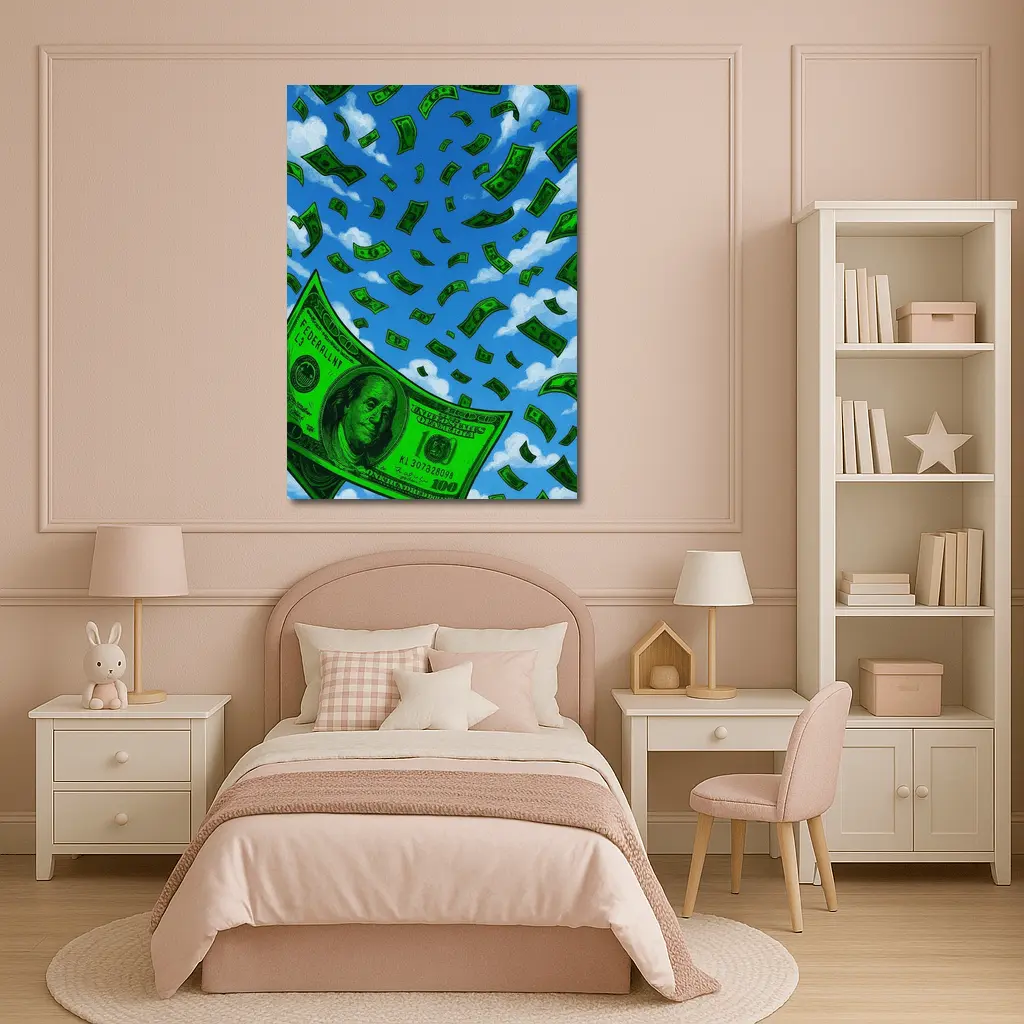 Hundred Dollar Bills Falling Blue Sky – Wall Art