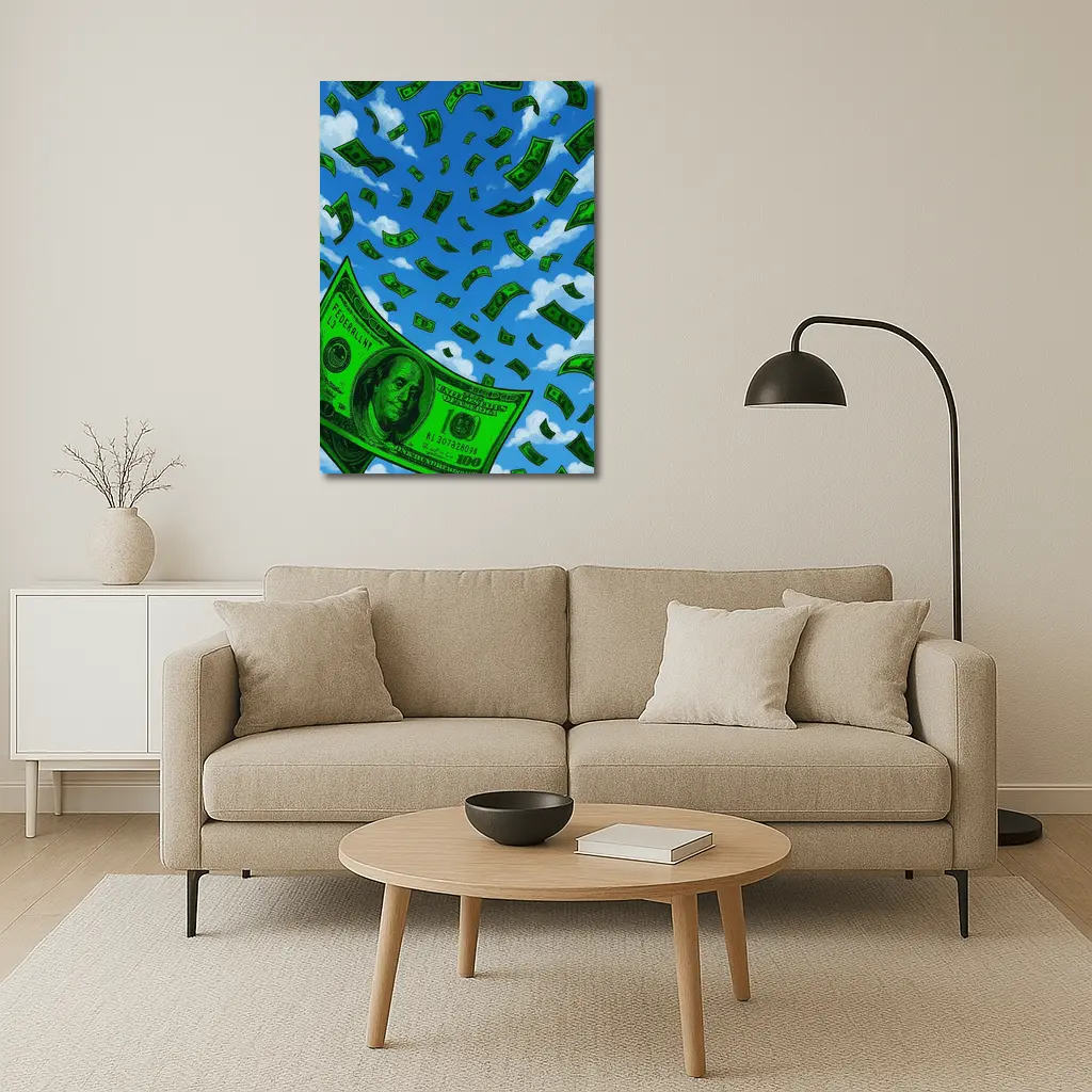 Hundred Dollar Bills Falling Blue Sky – Wall Art