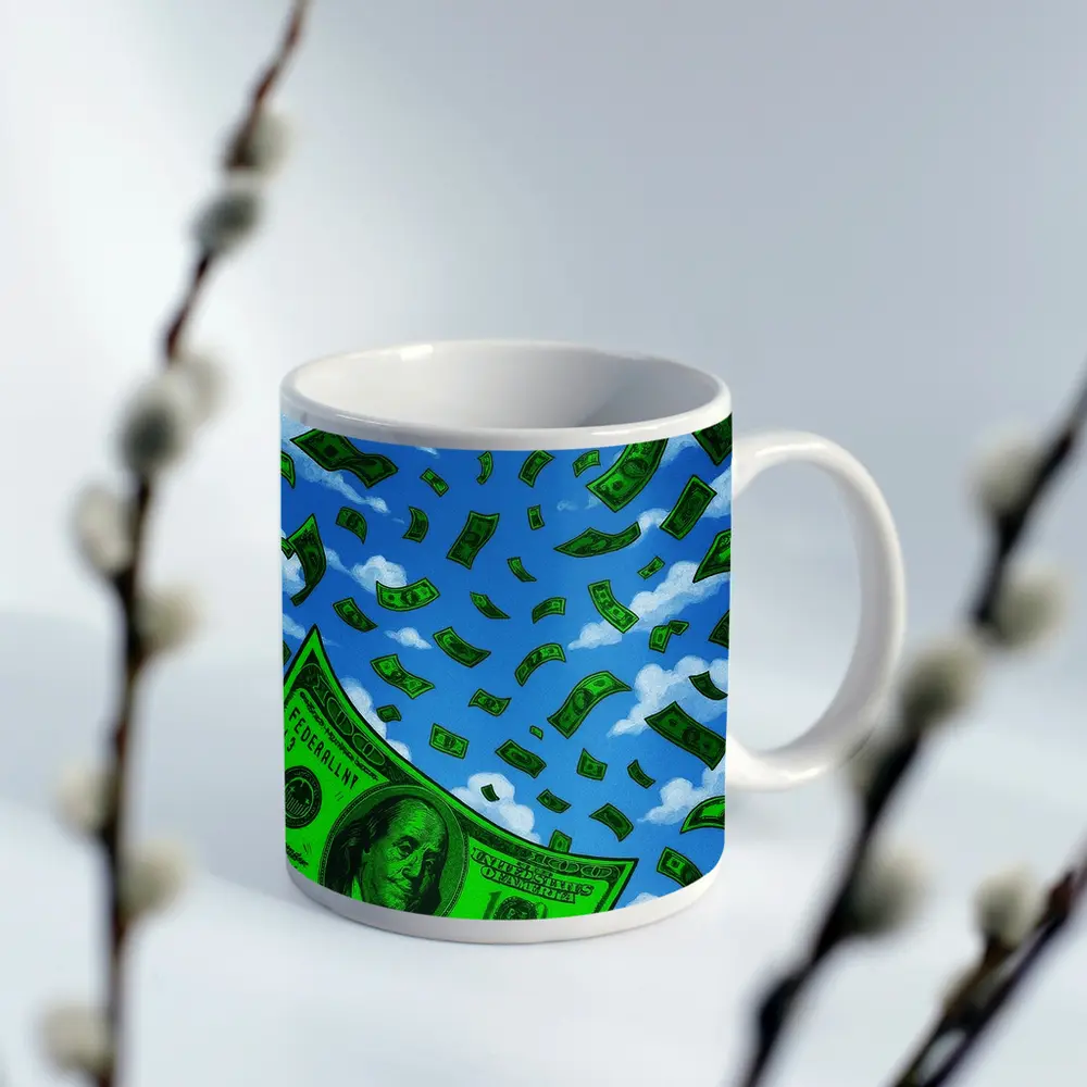 Hundred Dollar Bills Falling Blue Sky – Mugs