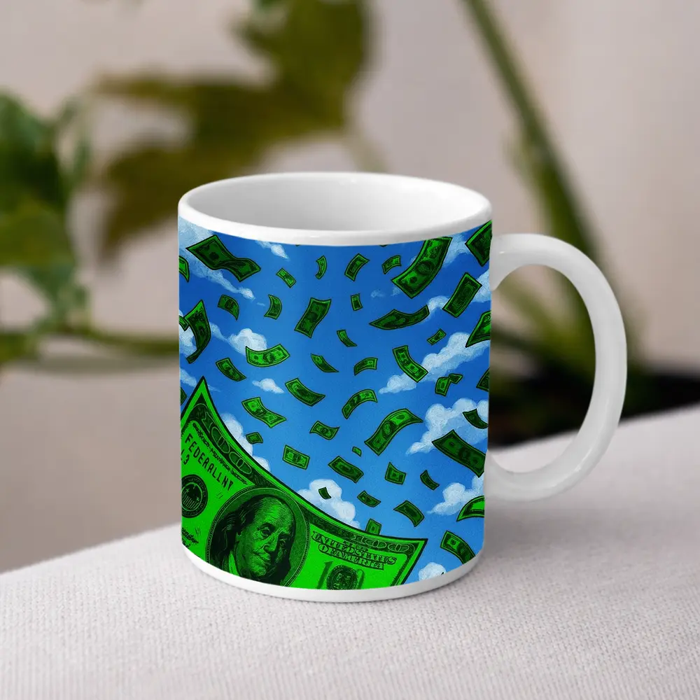 Hundred Dollar Bills Falling Blue Sky – Mugs