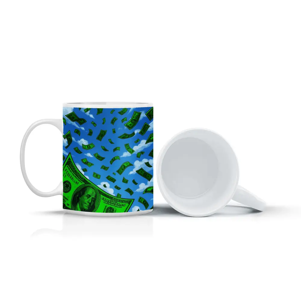 Hundred Dollar Bills Falling Blue Sky – Mugs