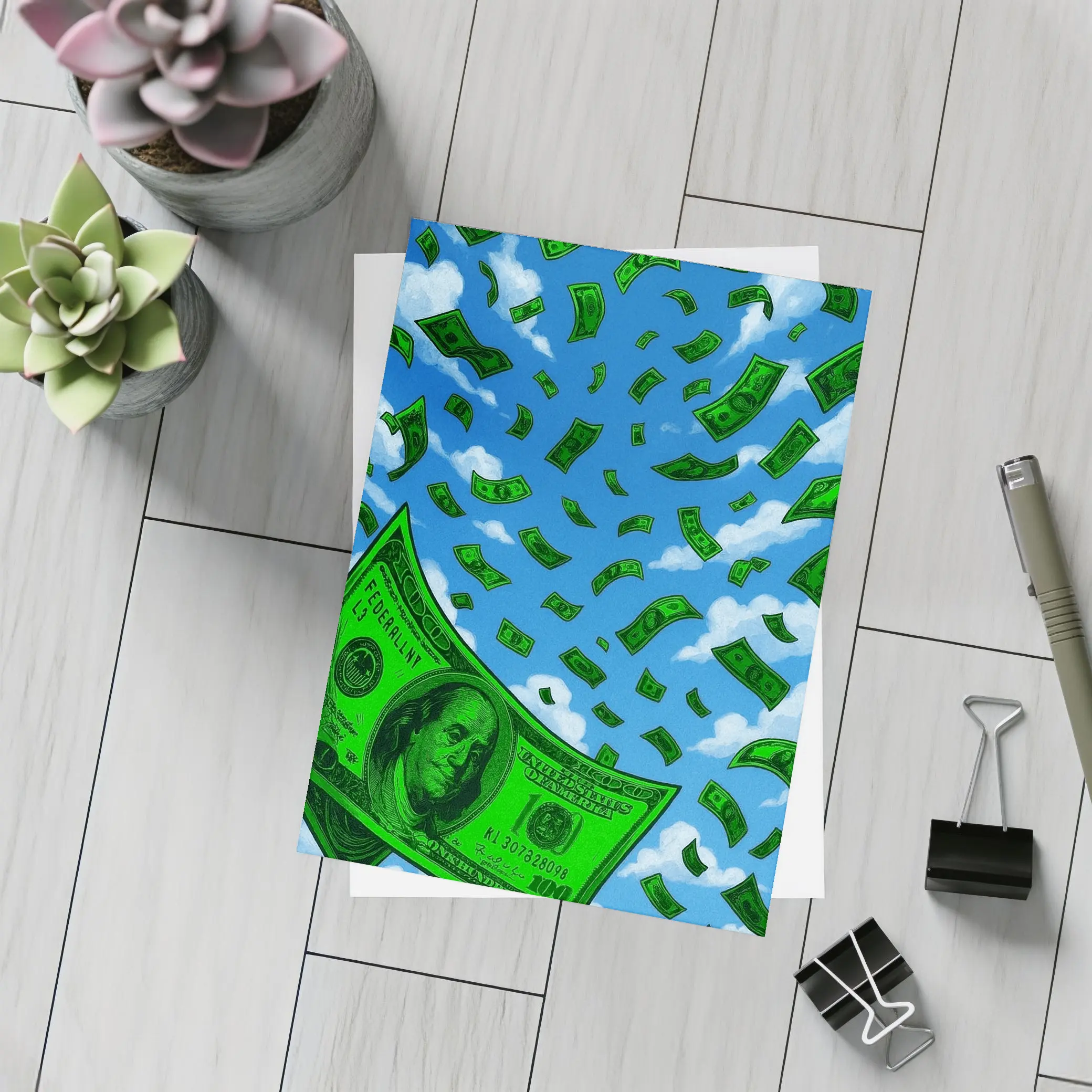 Hundred Dollar Bills Falling Blue Sky – Postcards