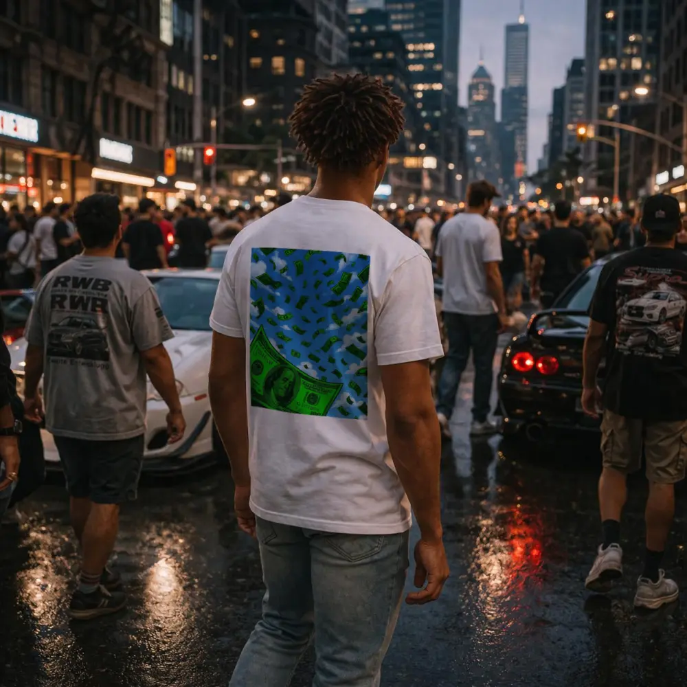Hundred Dollar Bills Falling Blue Sky – T-Shirts