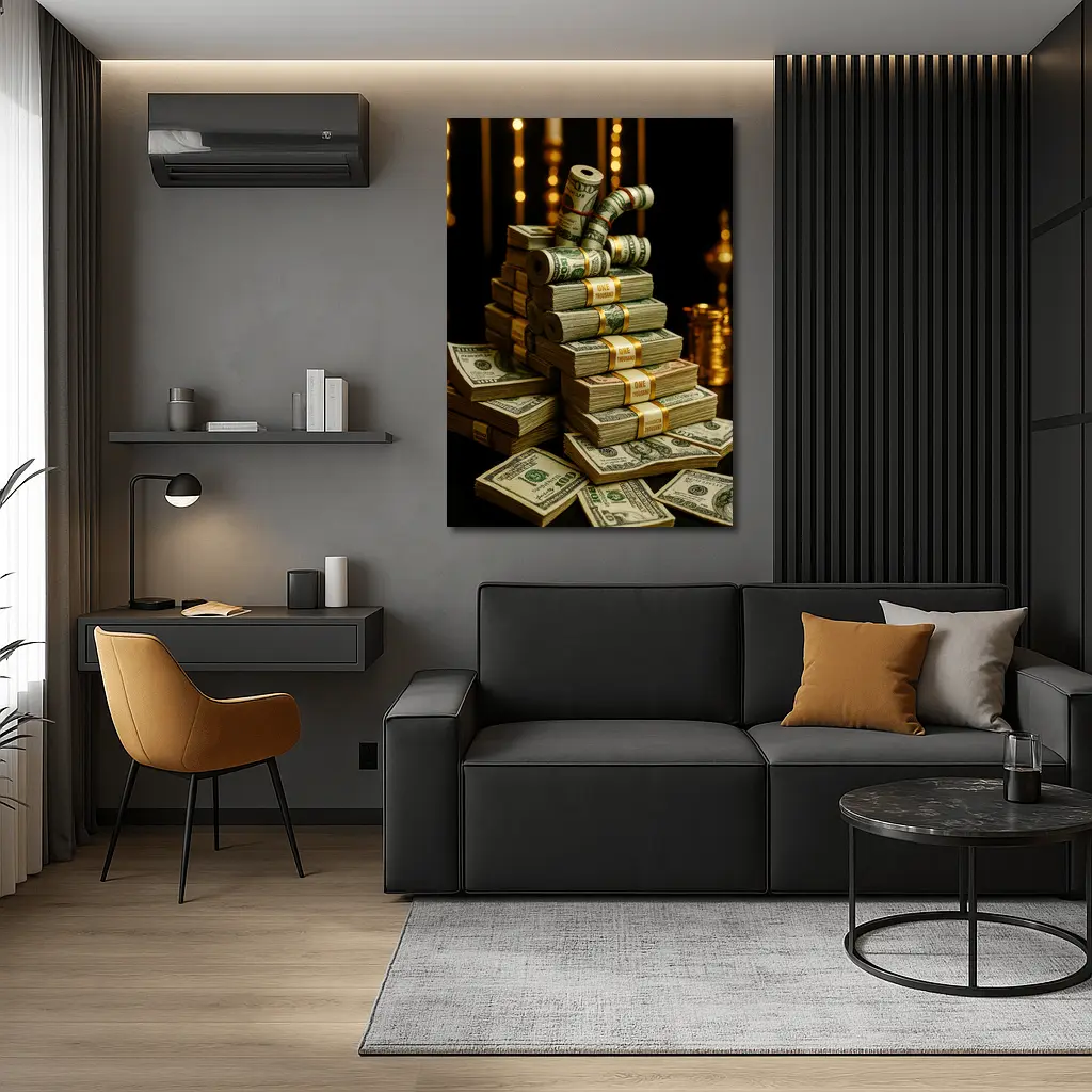 Dollar Bills Stack Gold Dark Background – Wall Art