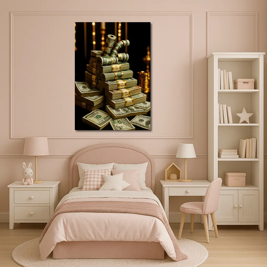 Dollar Bills Stack Gold Dark Background – Wall Art