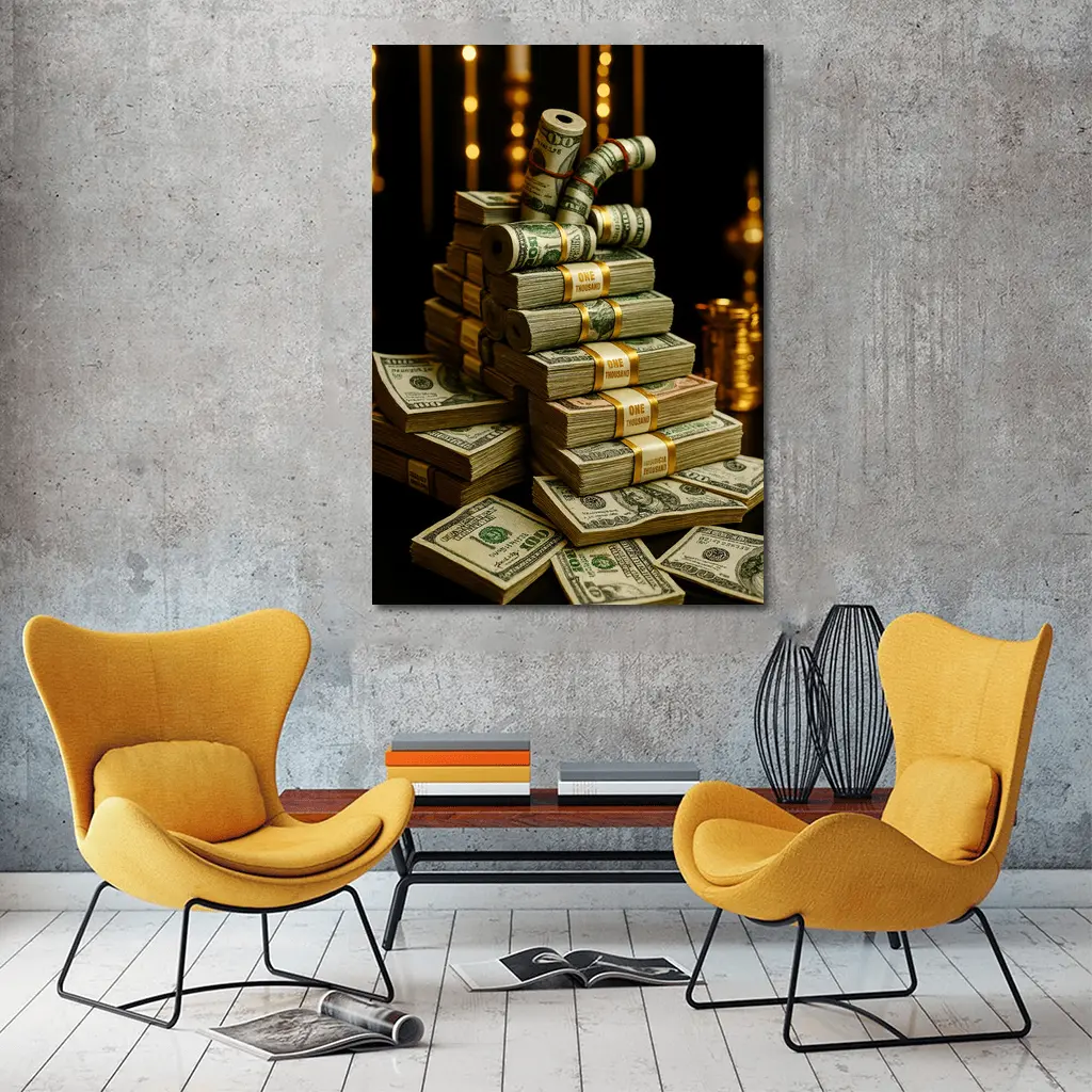 Dollar Bills Stack Gold Dark Background – Wall Art
