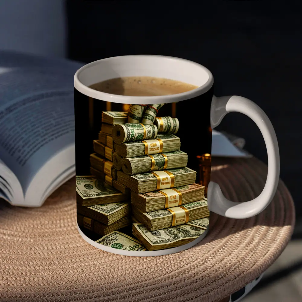 Dollar Bills Stack Gold Dark Background – Mugs