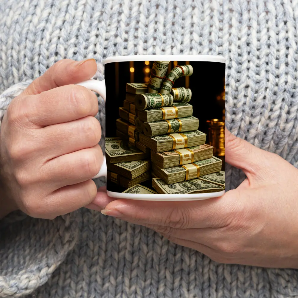 Dollar Bills Stack Gold Dark Background – Mugs