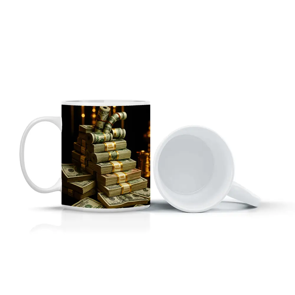 Dollar Bills Stack Gold Dark Background – Mugs