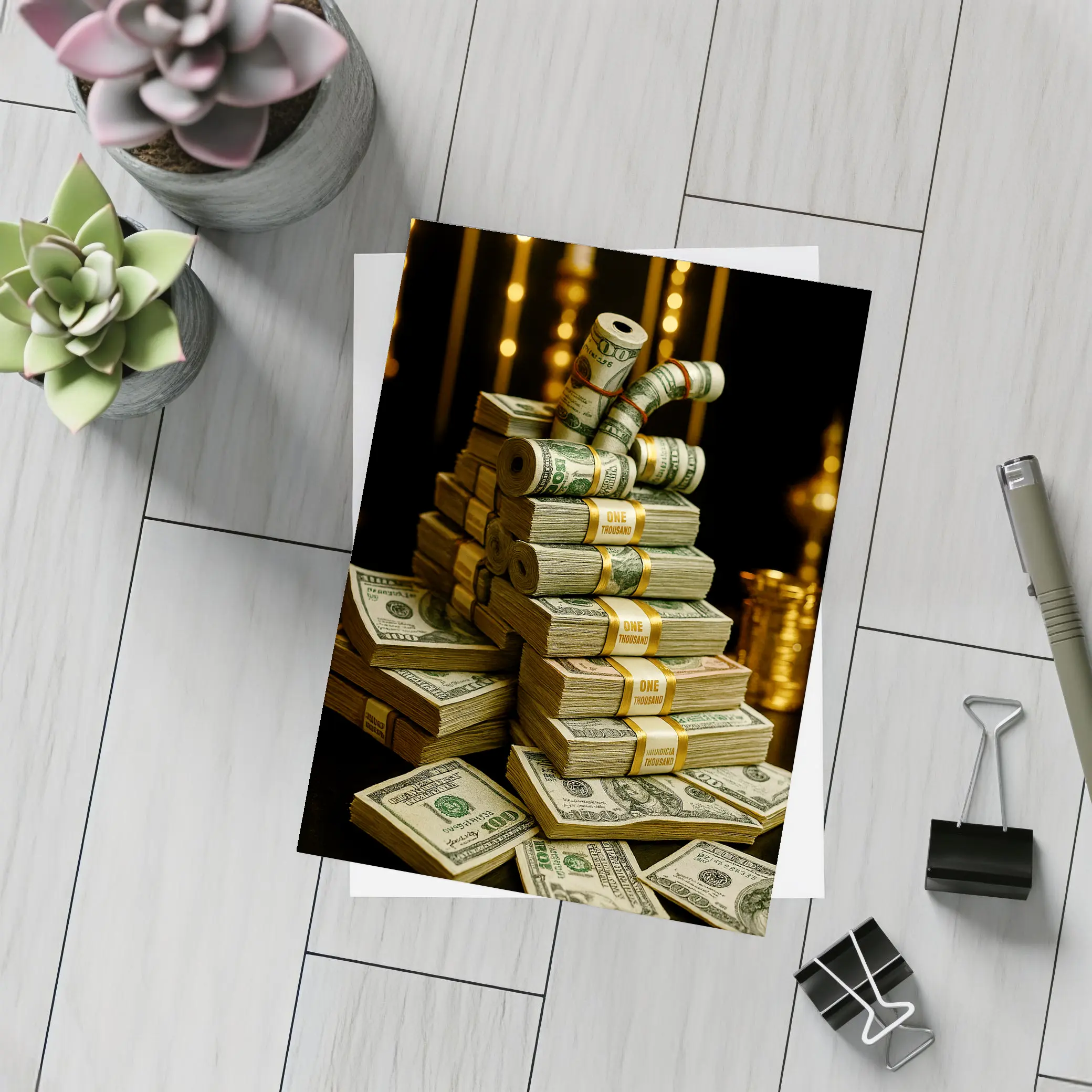 Dollar Bills Stack Gold Dark Background – Postcards