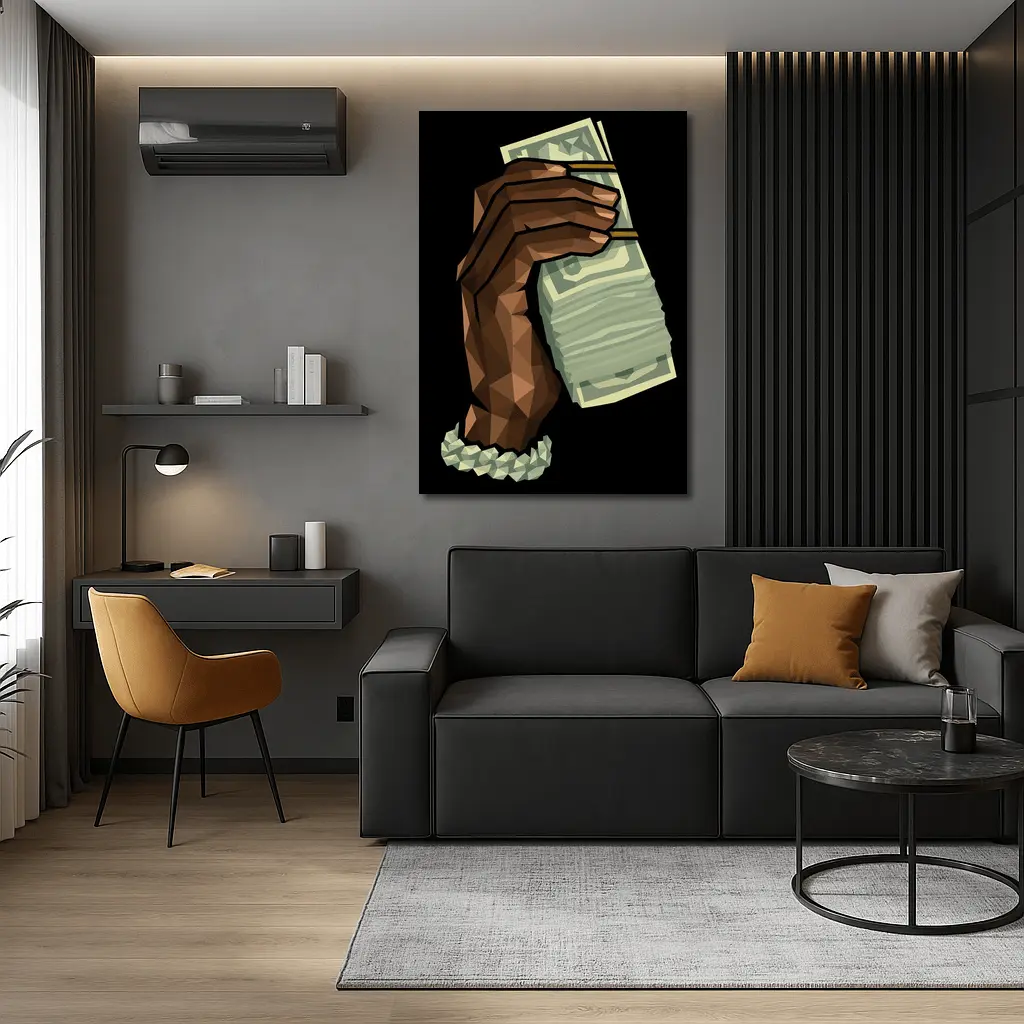 Low Poly Hand Holding Cash Black Background – Wall Art