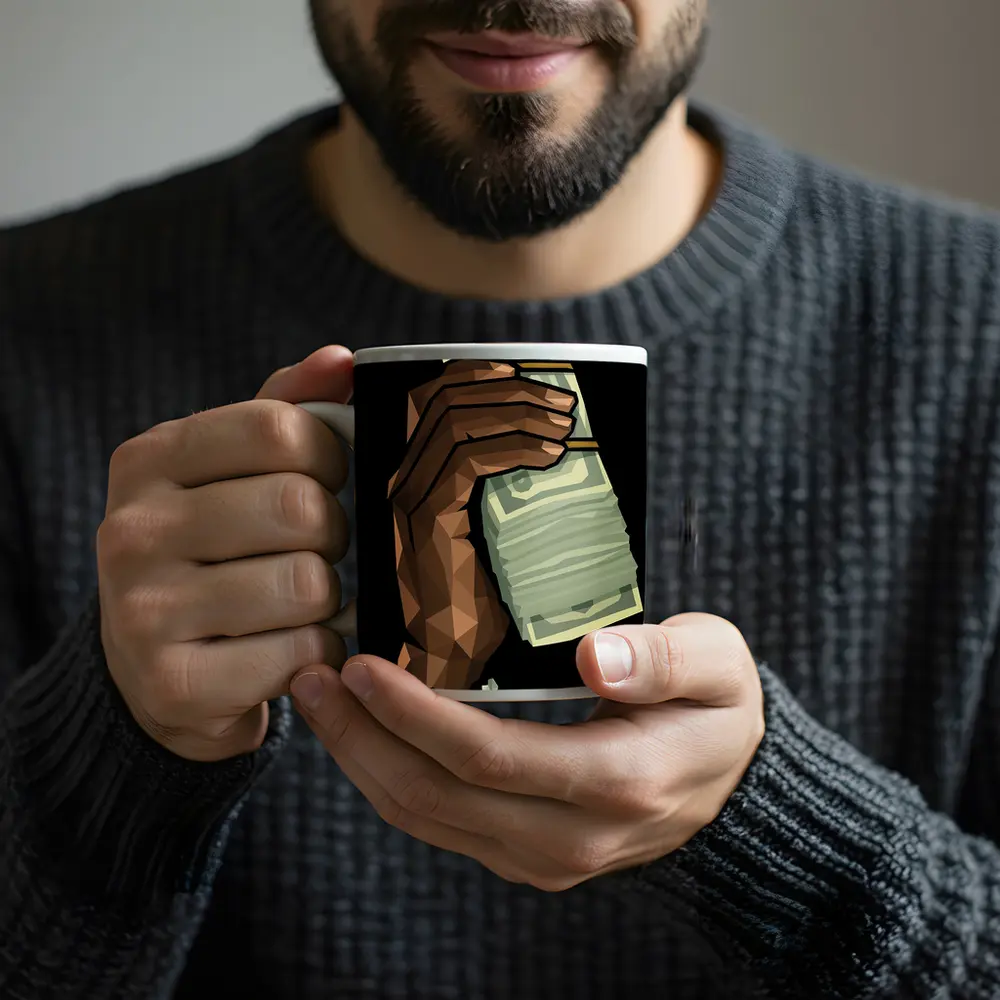 Low Poly Hand Holding Cash Black Background – Mugs