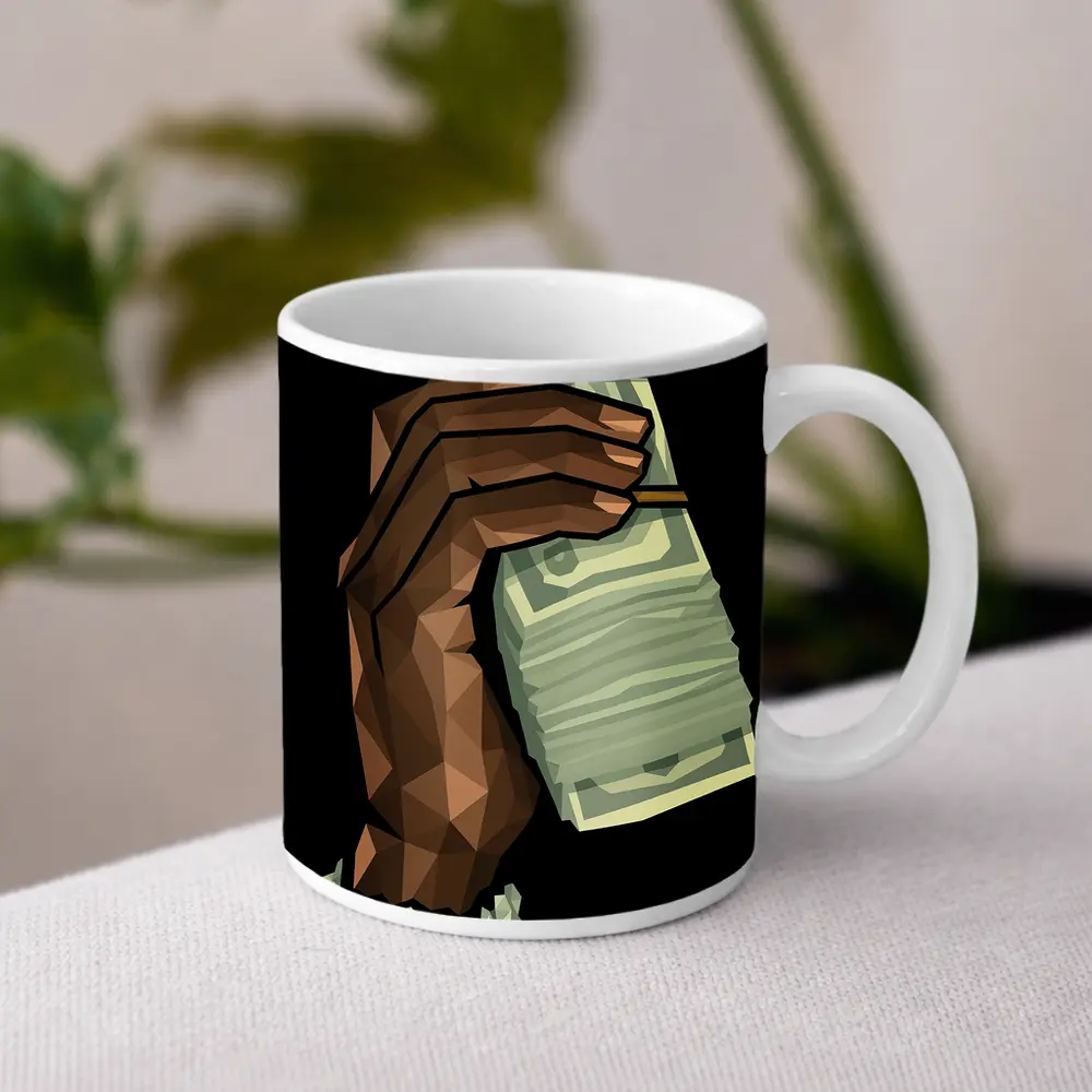 Low Poly Hand Holding Cash Black Background – Mugs
