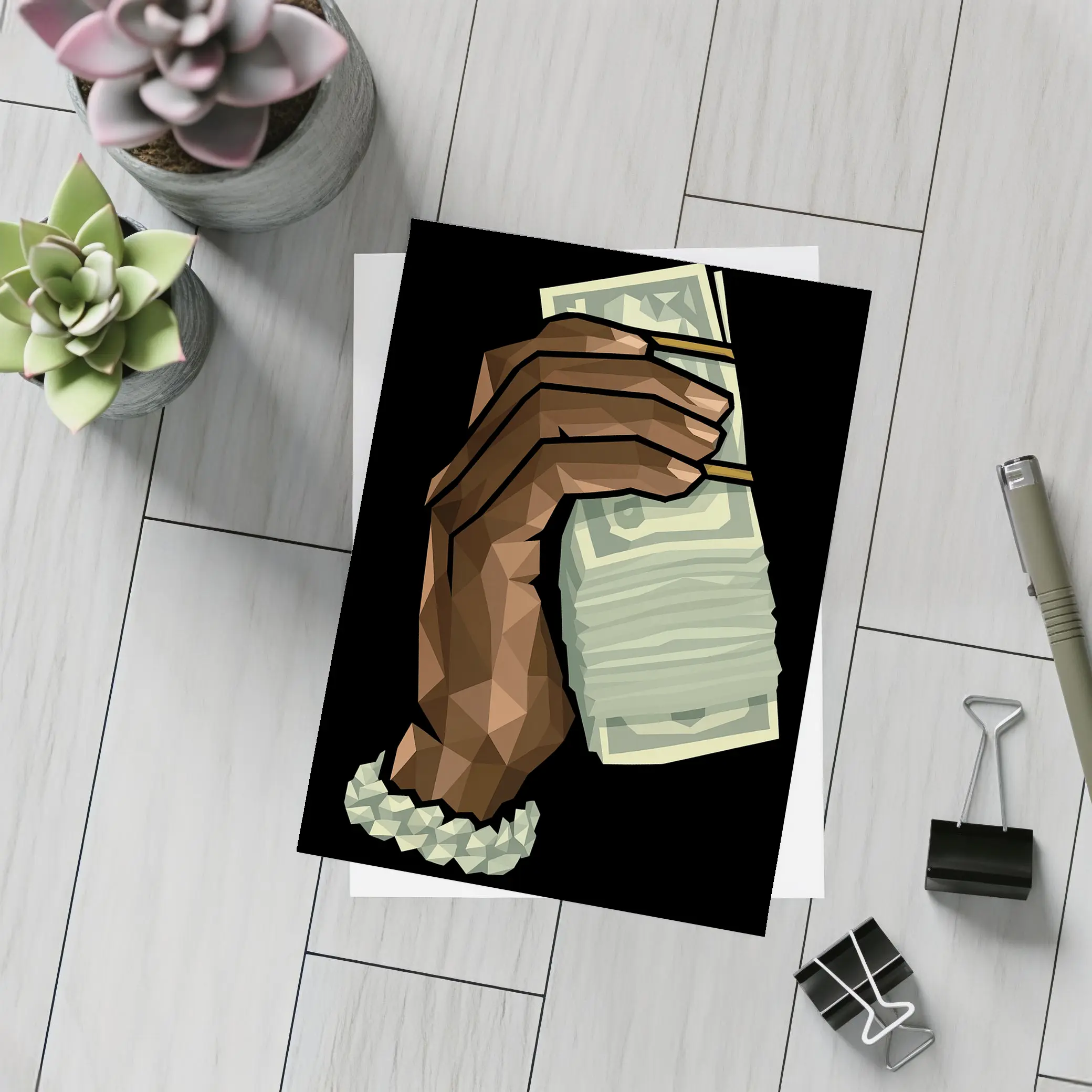 Low Poly Hand Holding Cash Black Background – Postcards