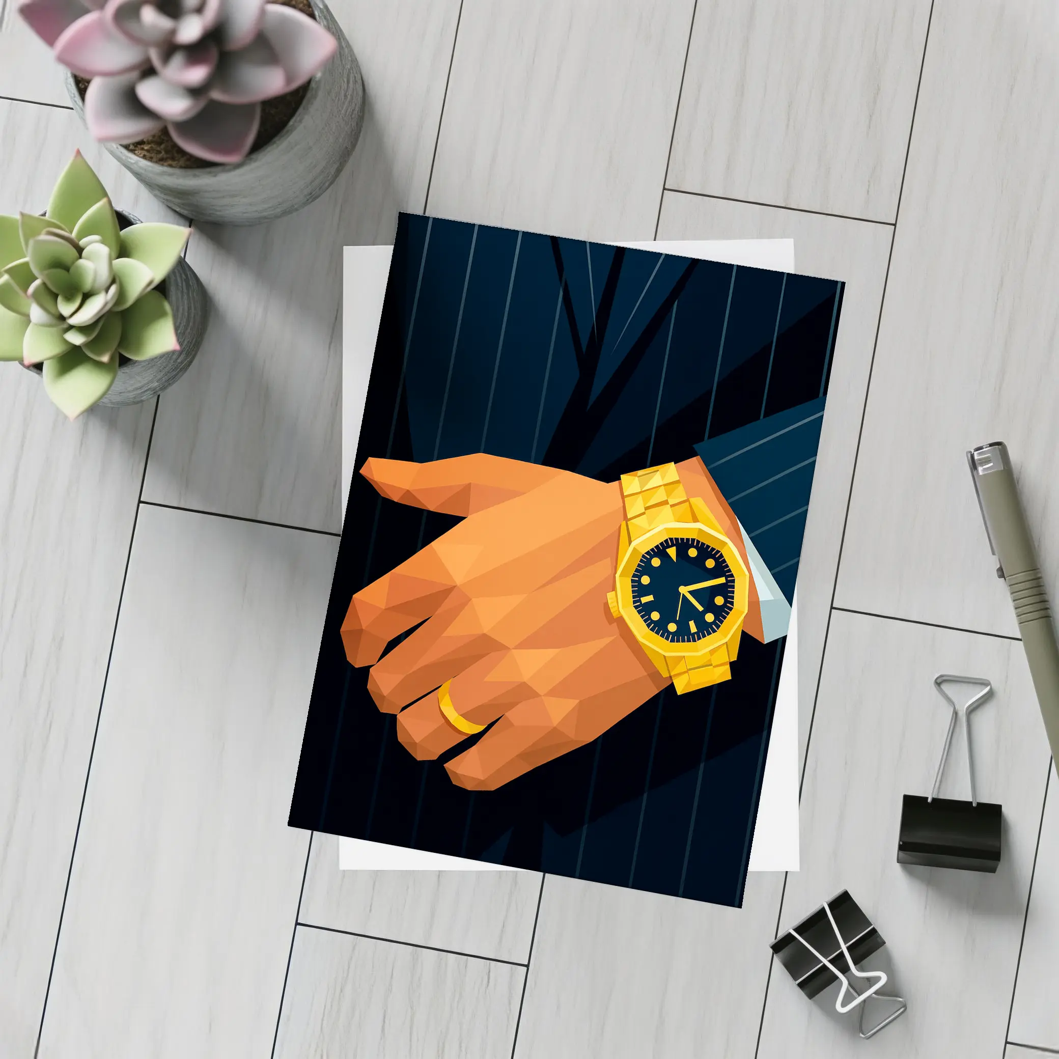 Gold Watch Man Suit Low Poly Art – Postcards