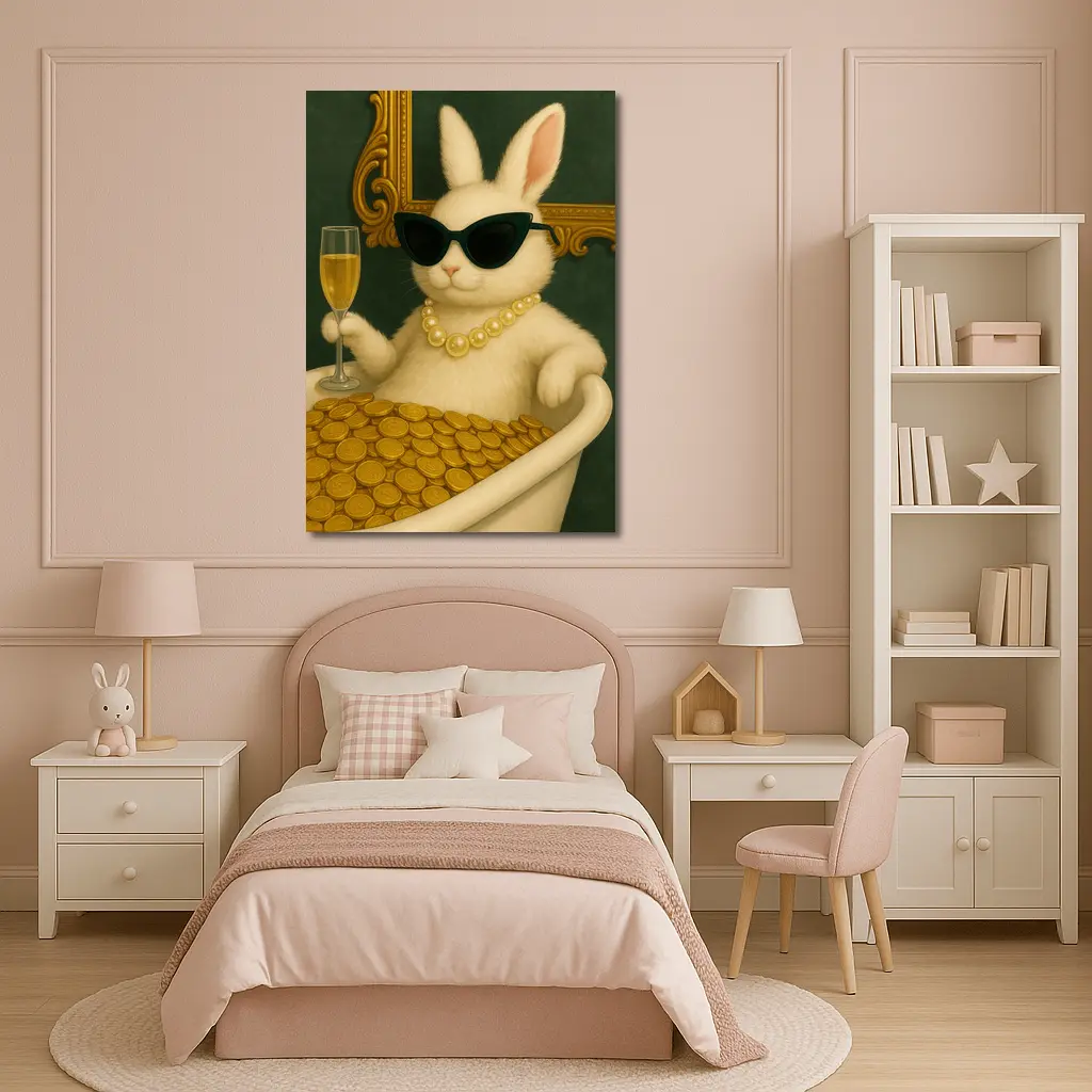 Rich Bunny Bathing In Gold Coins – Wall Art