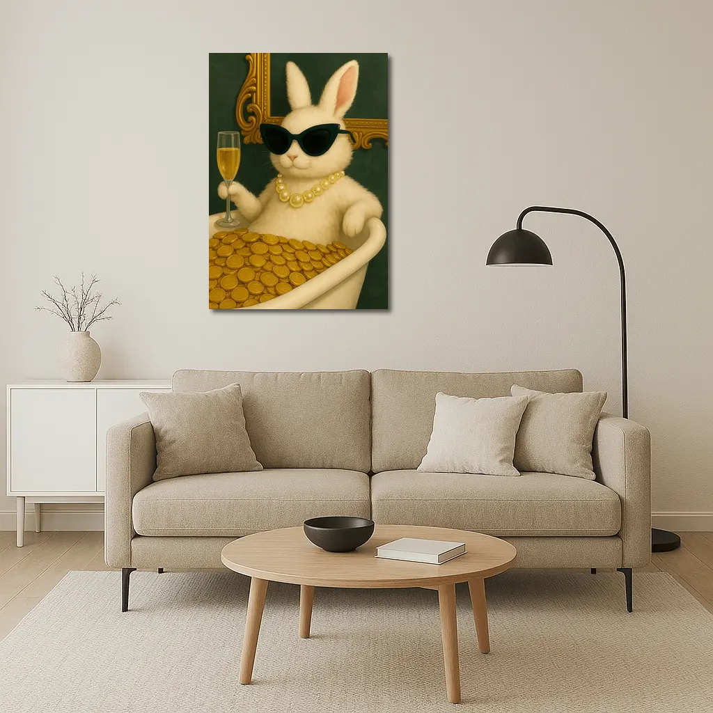 Rich Bunny Bathing In Gold Coins – Wall Art