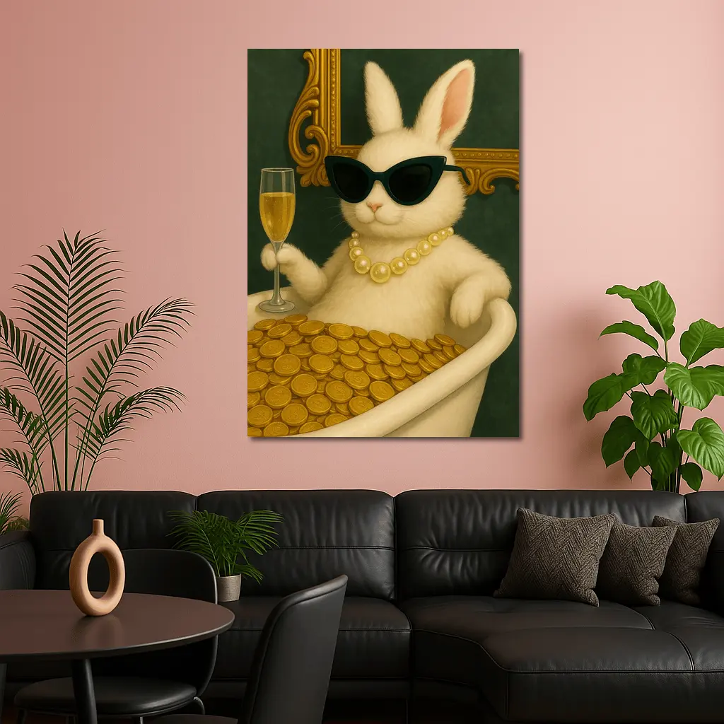 Rich Bunny Bathing In Gold Coins – Wall Art