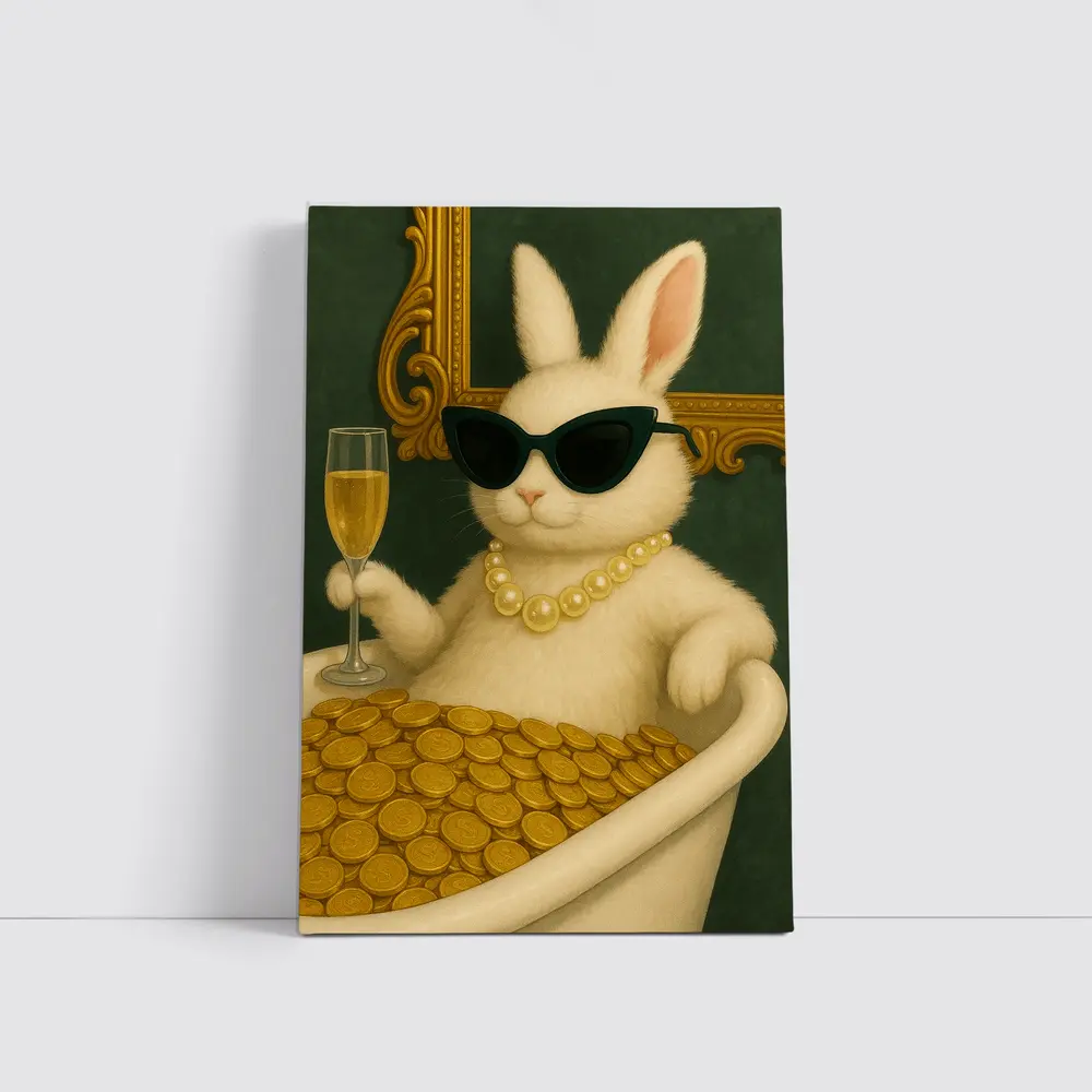 Rich Bunny Bathing In Gold Coins – Wall Art
