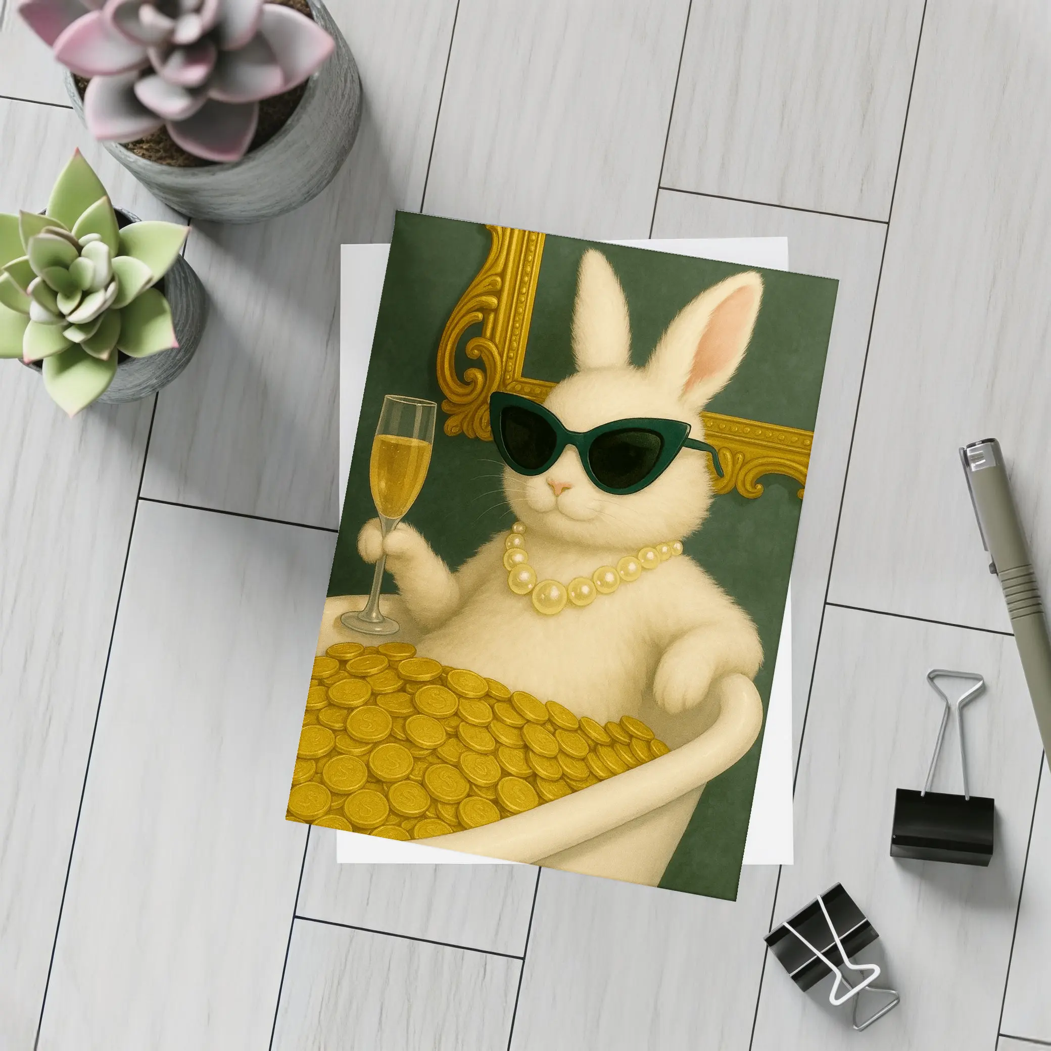 Rich Bunny Bathing In Gold Coins – Postcards