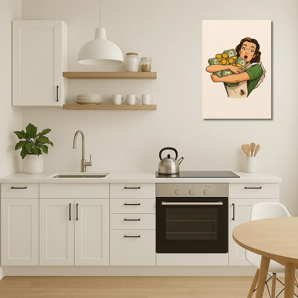 Retro Woman Hugging Cash And Gold Coins – Wall Art
