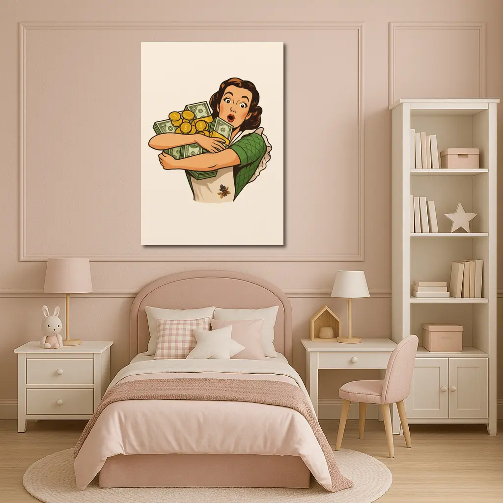 Retro Woman Hugging Cash And Gold Coins – Wall Art