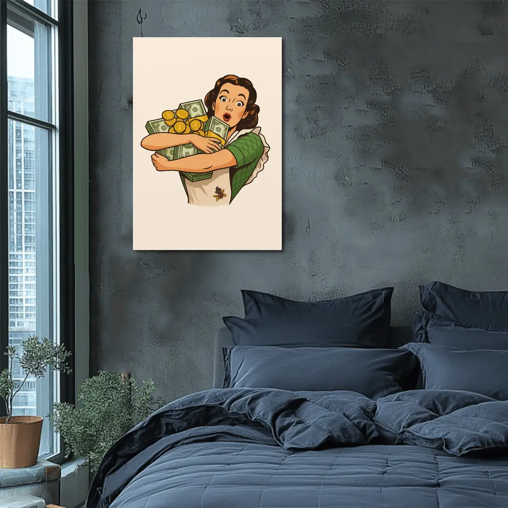 Retro Woman Hugging Cash And Gold Coins – Wall Art